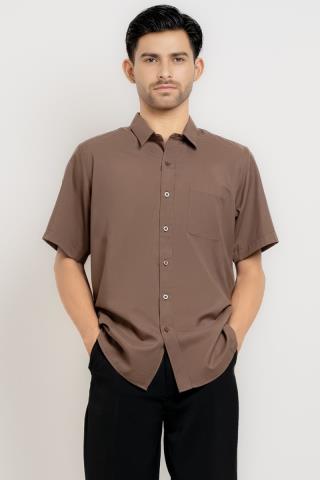 Hassenda Kemeja Pendek Polos Pria Basic Katun Seavey Peanut