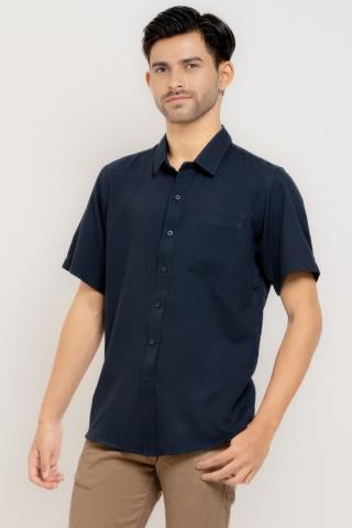 Hassenda Kemeja Pendek Polos Pria Basic Katun Seavey Berry Blue