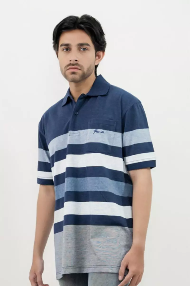 Hassenda Man Kaos Polo Motif Salur Pria Katun Cobalt Blue