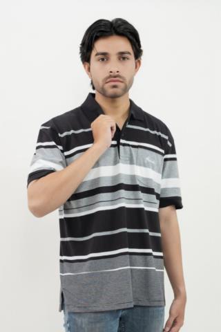 Hassenda Man Kaos Polo Motif Salur Pria Katun Midnight Black