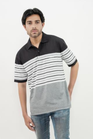 Hassenda Man Kaos Polo Motif Salur Pria Katun Ebony Black