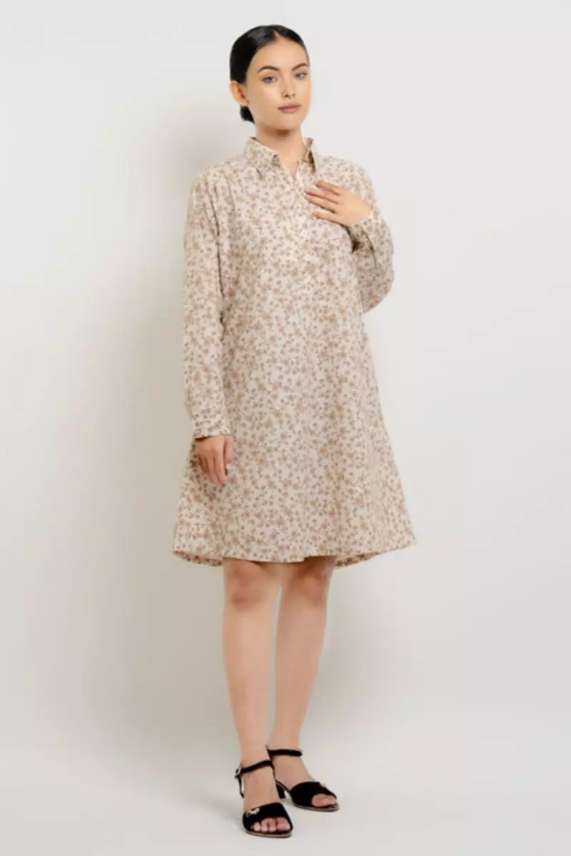 Puricia Dress Wanita Motif Azalea Cream